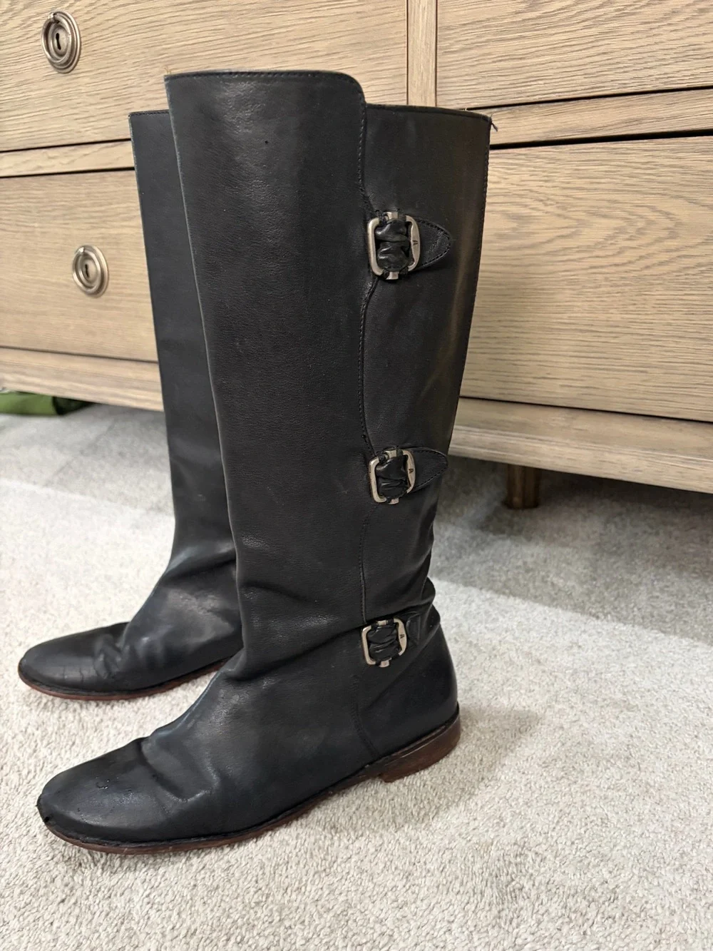 Frye Paige Tall Leather Riding Boots, Women’s 8.5 Black 3 Buckle Boots